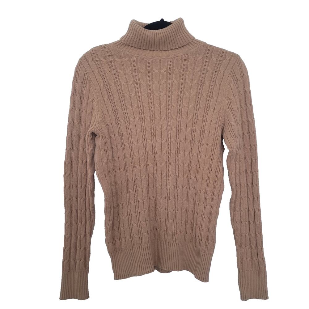 Vintage St. Johns Bay Turtleneck Cable Knit Sweater M Brown Preppy Fisherman